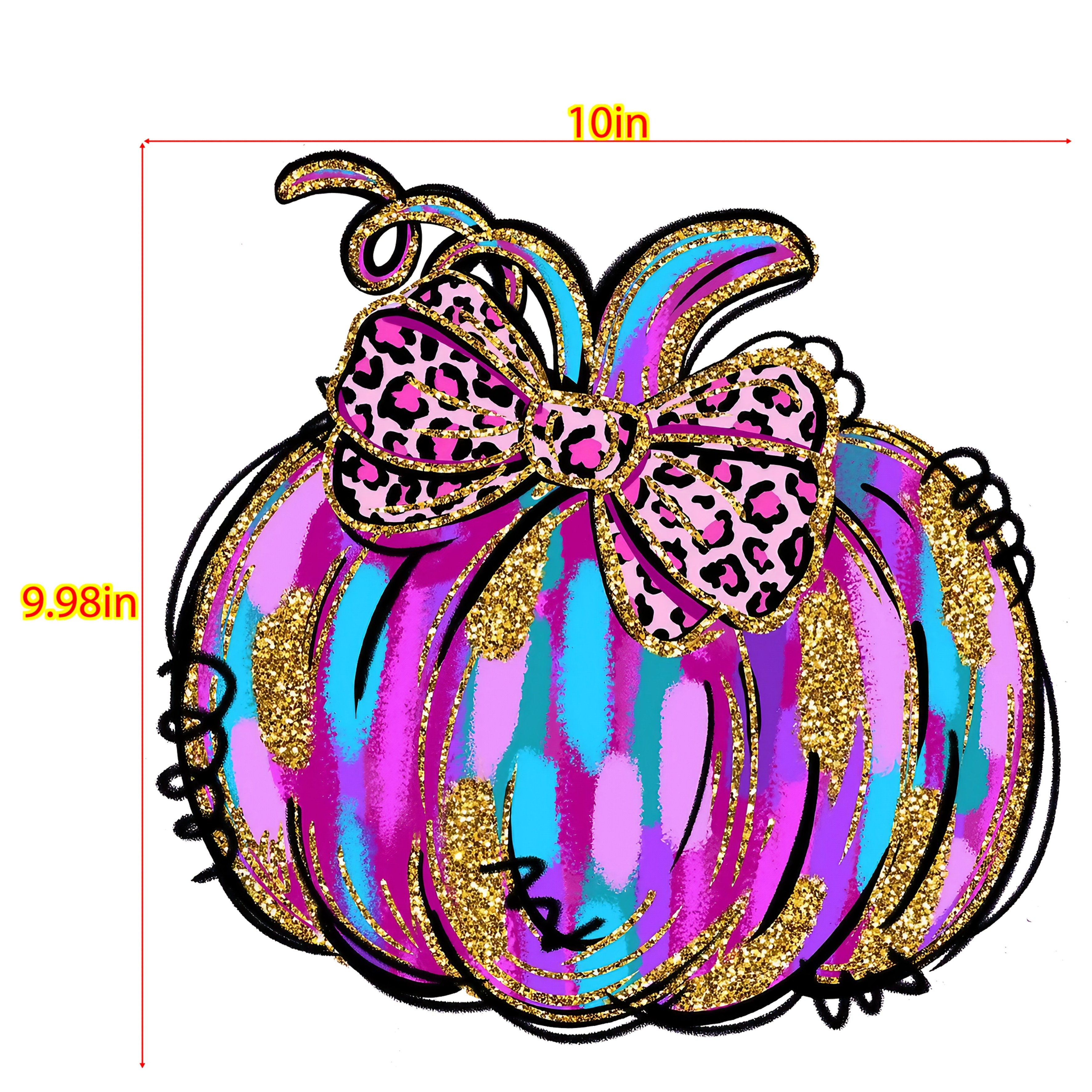 TEMU 10/8.5 Inch Glitter Pumpkin Bow Dtf Vinyl Iron-on Transfer - Pink/purple/blue Striped Pumpkin With Leopard Print Bow, Washable Heat Transfer