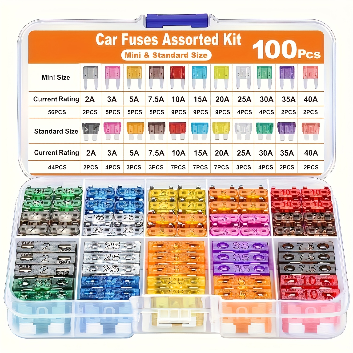 100 car fuse combo kit 56 blade fuses auto 44 car fuses 1 fuse puller suitable for car rv truck motorcycle boat 2a 3a 5a 7 5a 10a 15a 20a 25a 30a 35a 40a compact fuse holder durable metal construction automotive fuse kit