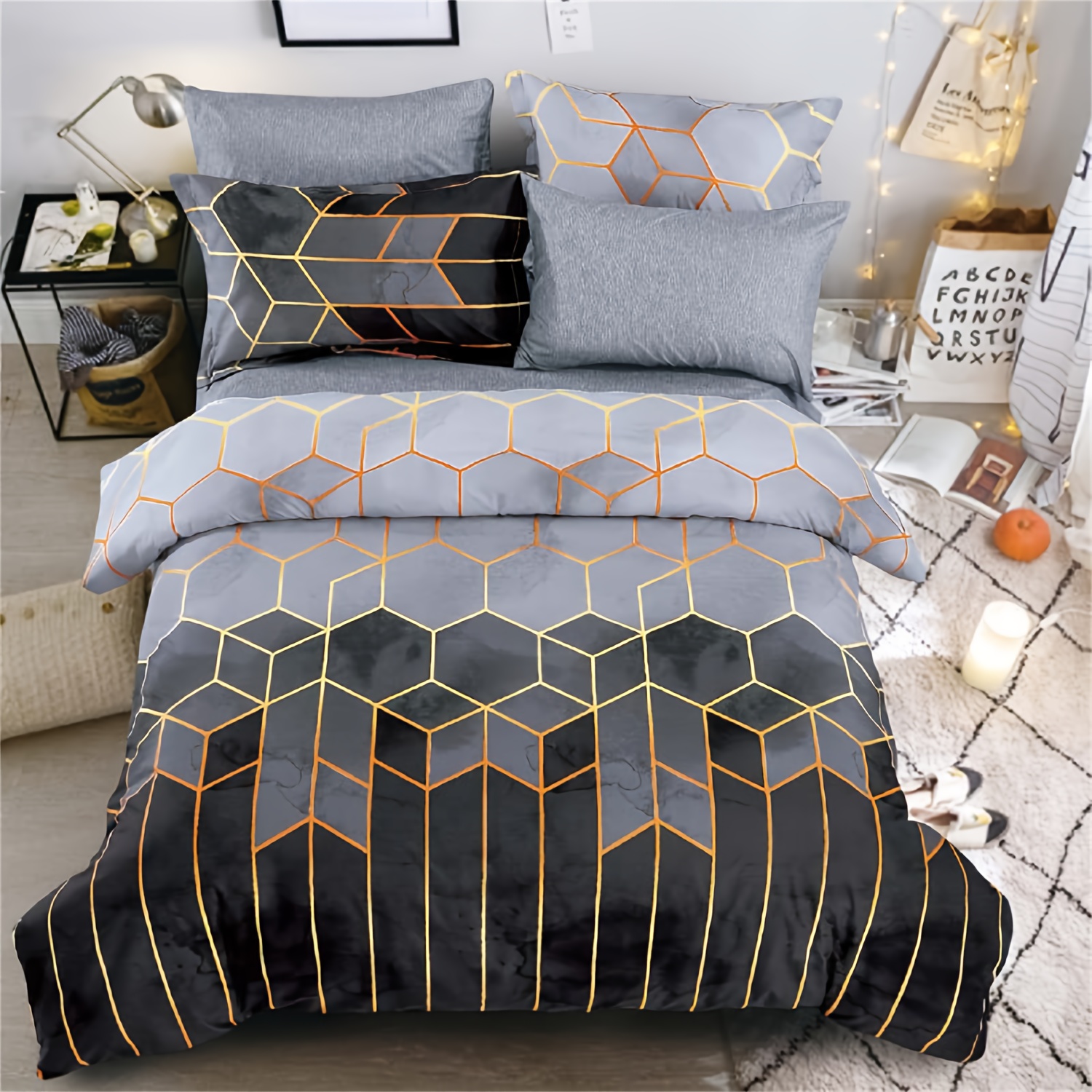 TEMU 3pcs Geometric Hexagon Honeycomb Print Quilt Duvet Cover Set, , Luxe Style Gilded Line Space- Design, For Couple Home/dorm Decoration, (1 Duvet