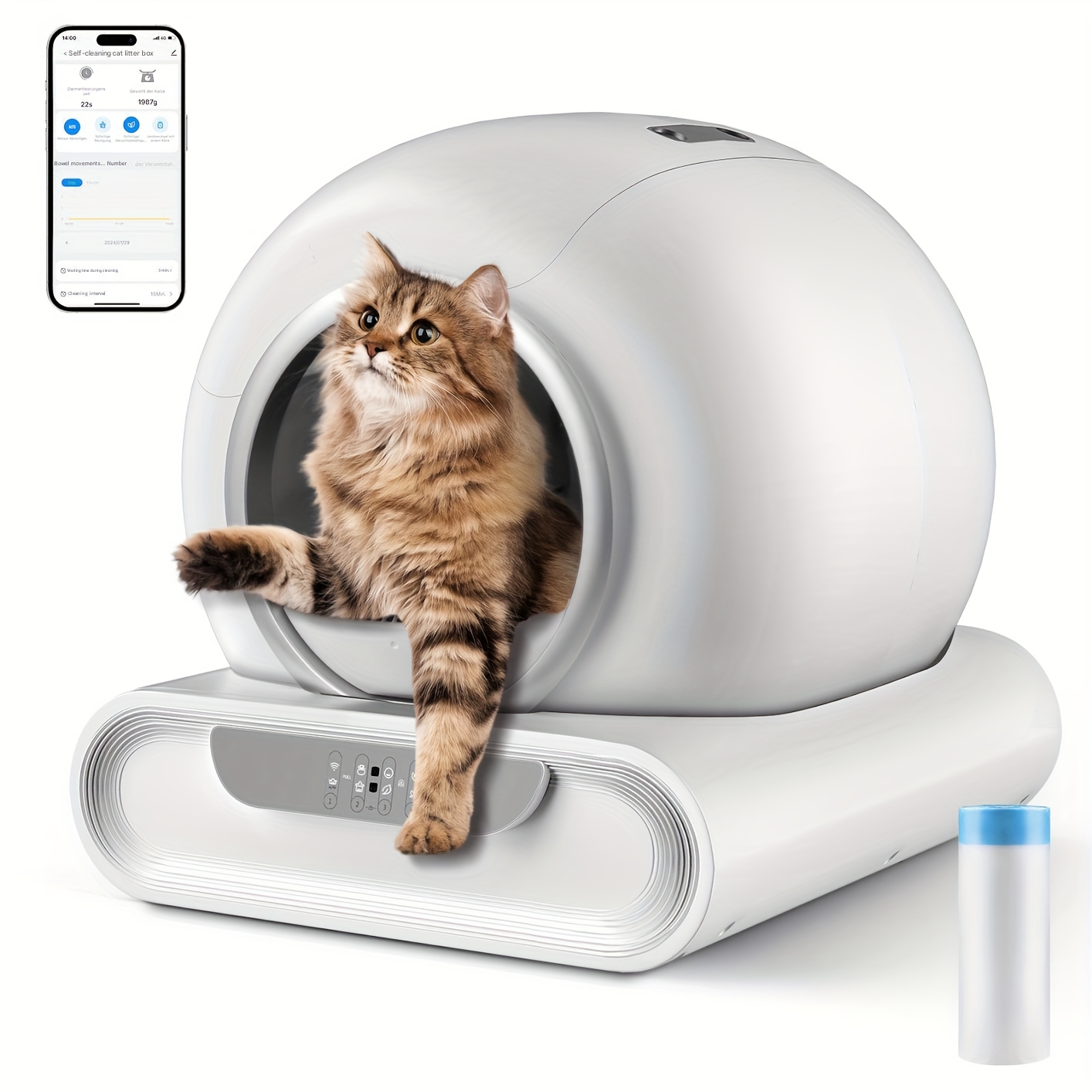 Image of A 65l + 9l High-capacity Self-cleaning Cat Litter Box Featuring Timer And Remote Control, Designed For Multiple Cats, With An Abs Construction, And With 1 Roll Of Leak-proof Bags, No