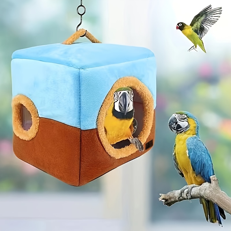 

1pc Cozy Foldable Double-hole Bird Nest - Warm Polyester Hanging Birdhouse Cage With Perch & Swing, Blue And Brown, Ideal For Parrots & Small Birds