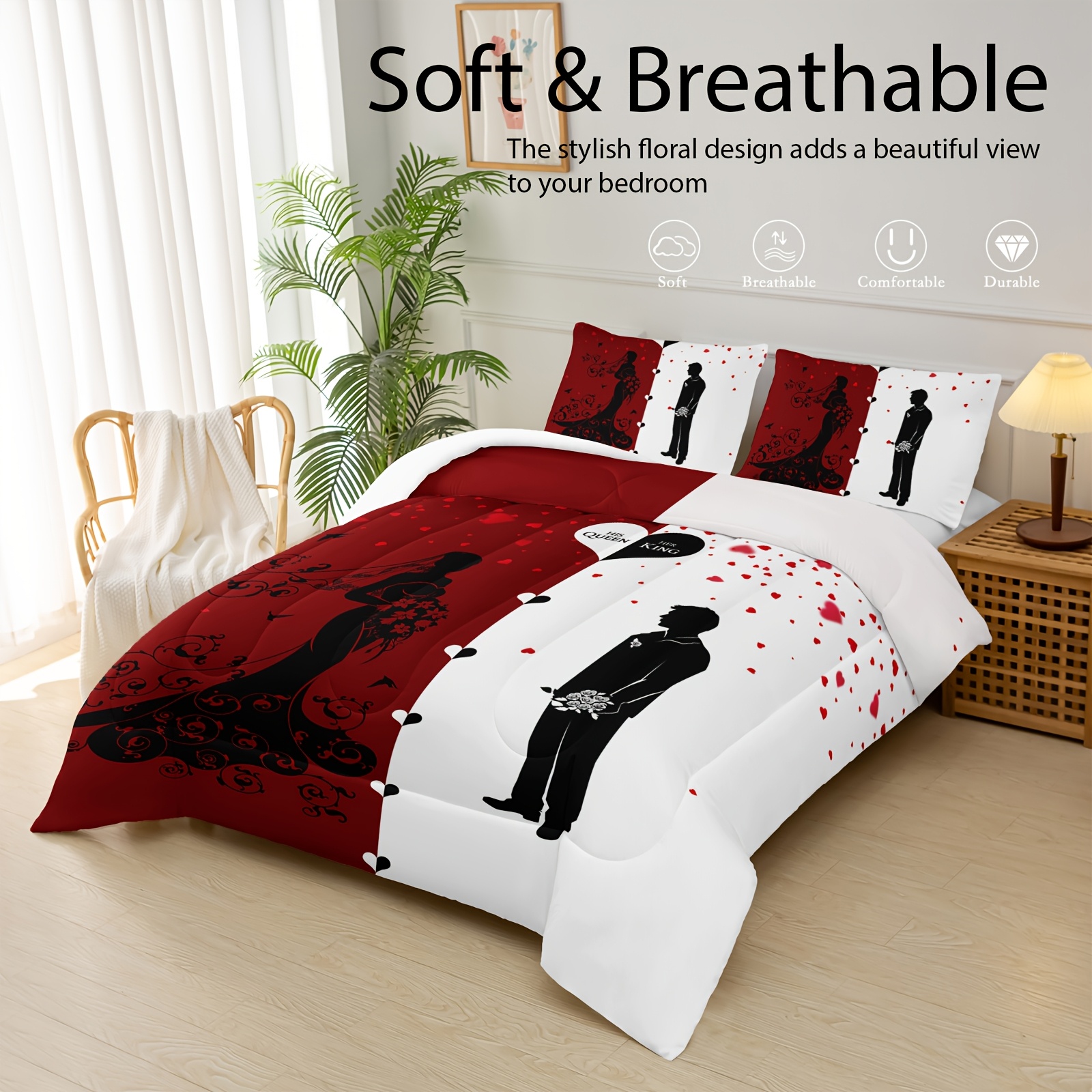 3pcs set valentines day love comforter set red and white bedding set 1 bed comforter 2 pillow cases   comforter soft comfortable and breathable printed bedding for home dorm decoration Product details 0