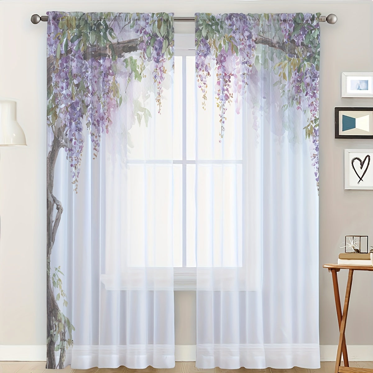 TEMU 2pcs Semi-sheer Window Curtains - Purple Wisteria Floral Drapes In Lavender-purple Gradient, Light Filtering Privacy Sheer Panels For Living