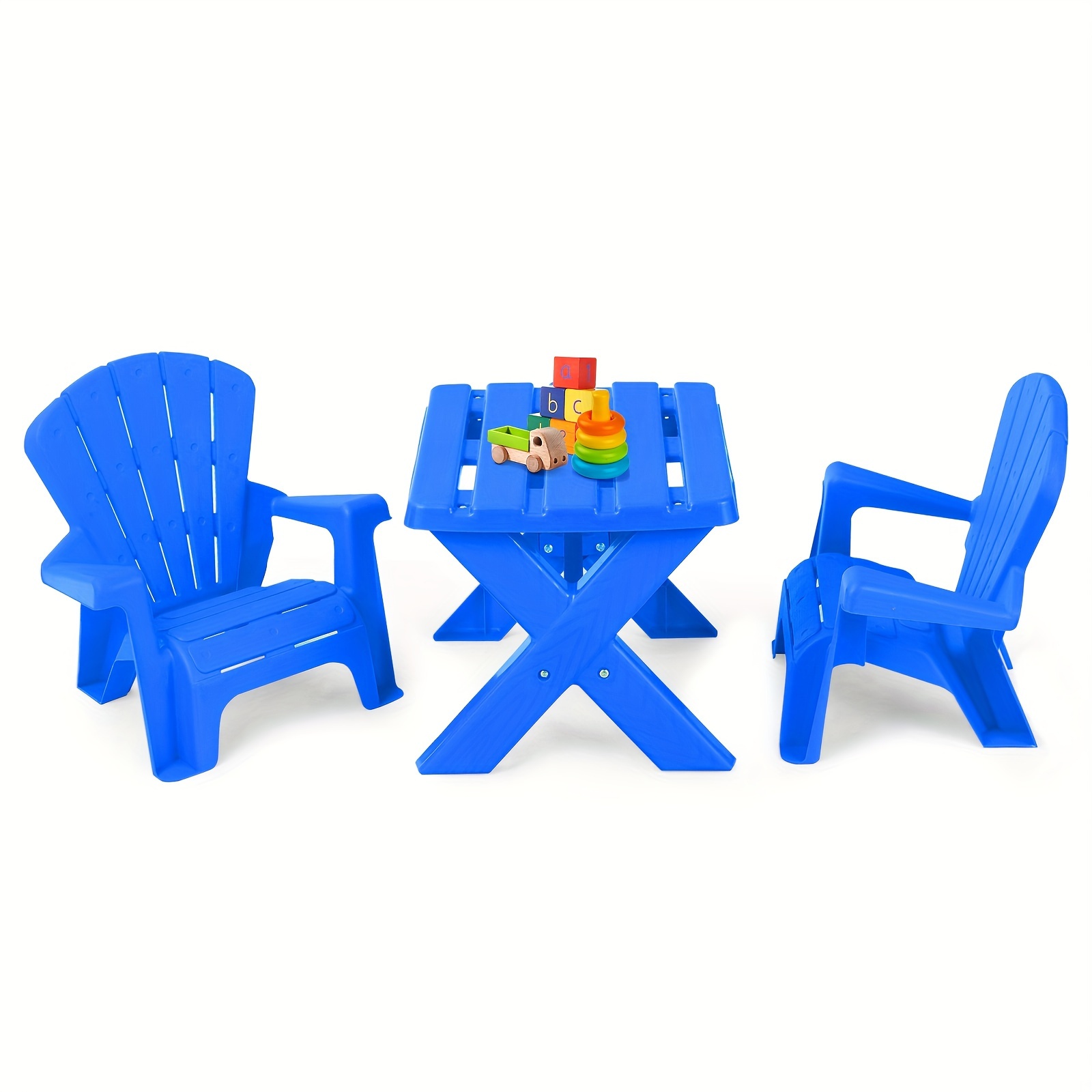 

3pcs Blue Kids Play Table And Chair Set, Durable Plastic, Indoor Outdoor Furniture, Easy Clean, Light-weight, For Ages 3-6