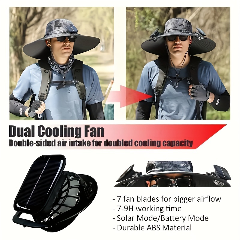 outdoor wide brim sun hat with 2 solar fan sun bucket hat for men women bucket fishing beach hat with fan built in details 0