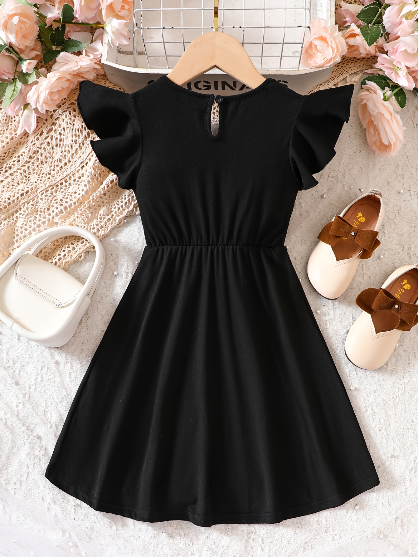 girls' black sleeveless ruffle dress puff shoulders tiered Temu