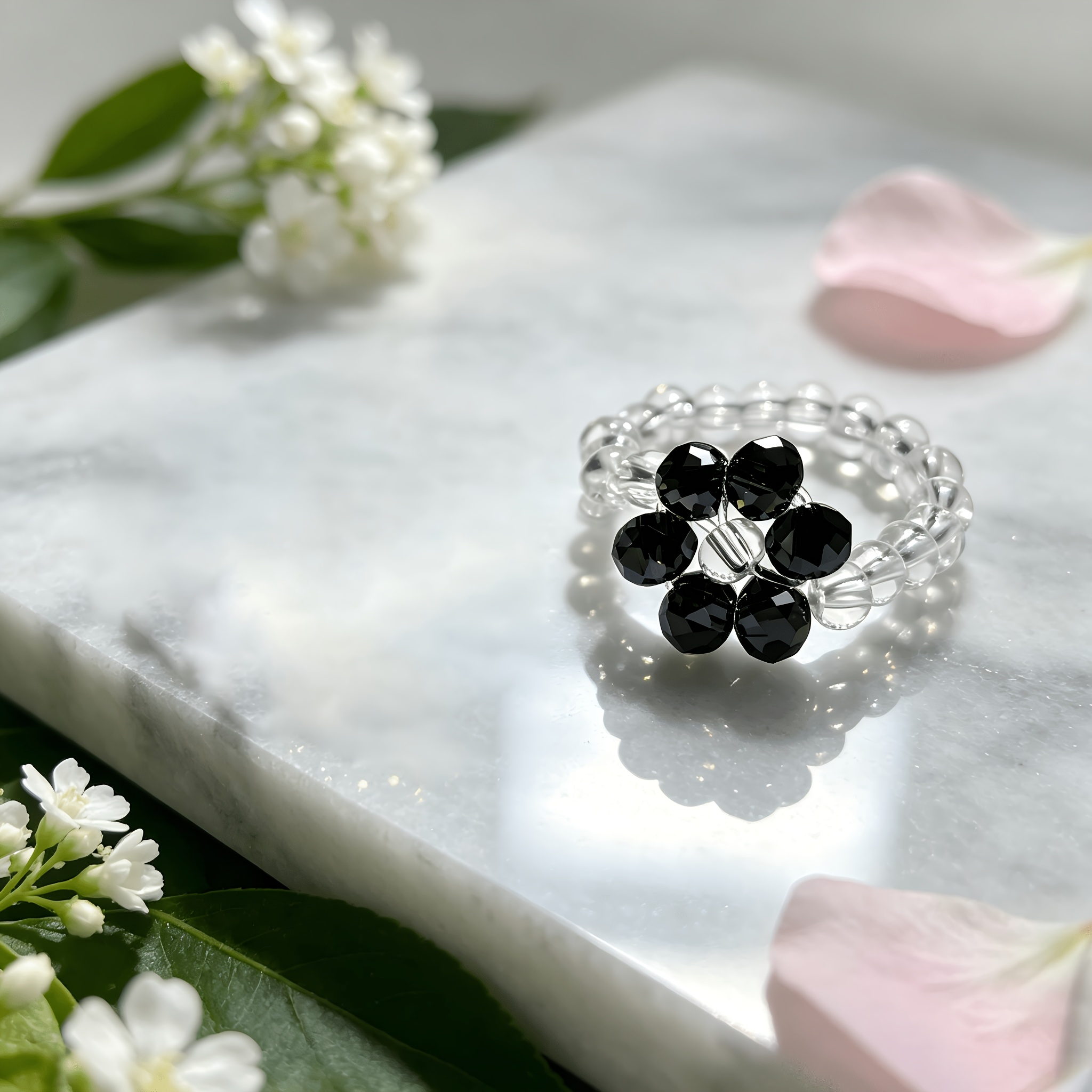 Women's Adjustable Elastic Cord Flower Shape Ring with Crystal