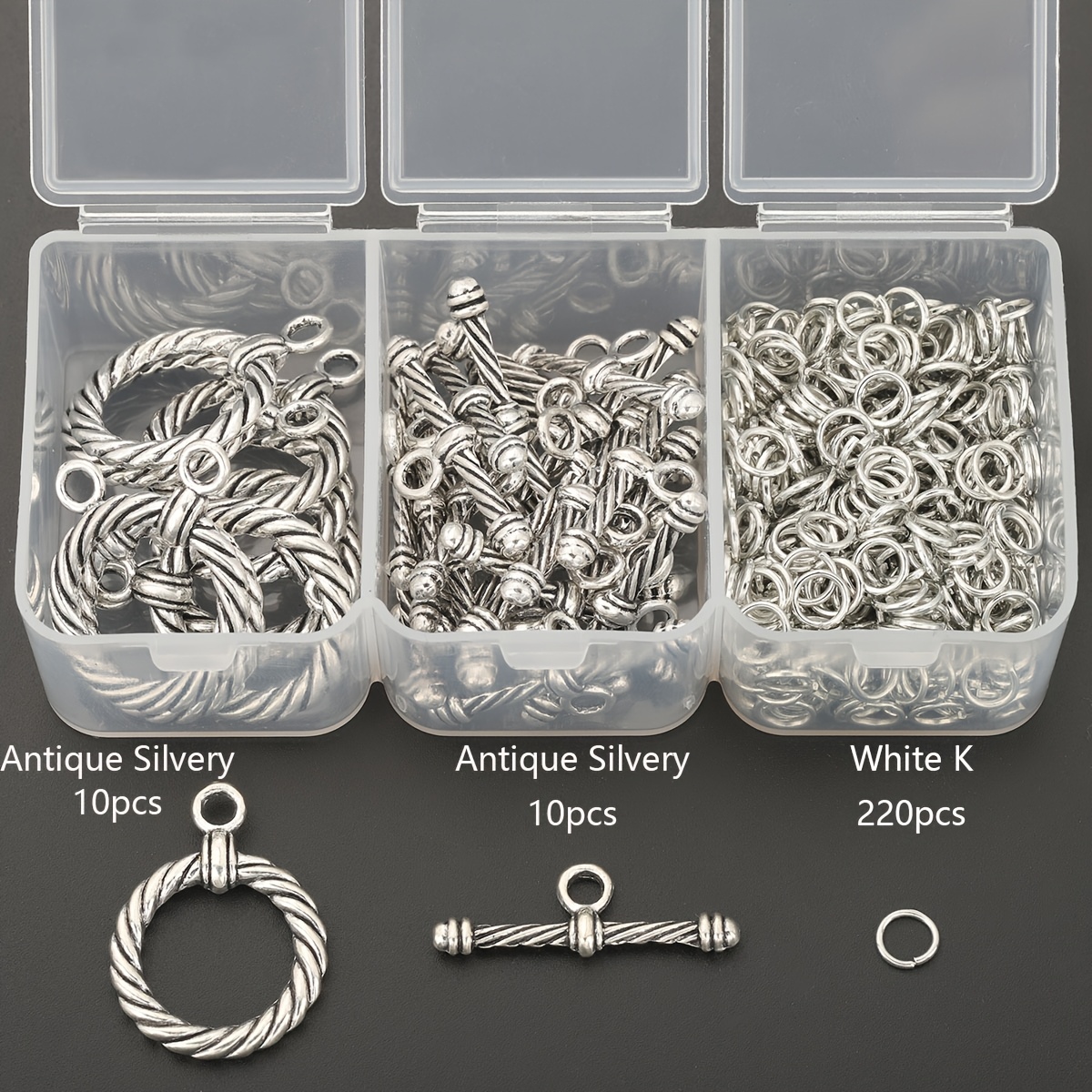 TEMU 240pcs/Boîte Boucle Toronnée Torsadée en de Inclut 10pcs Pendentifs, 10pcs Boucles de T et 220pcs Anneaux de Jonction, Convient pour la