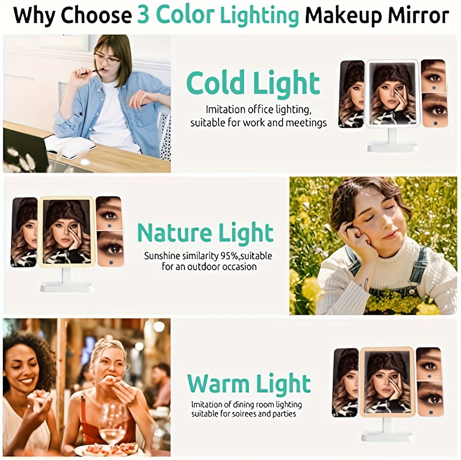 tri fold tabletop makeup mirror with led lights folding vanity mirror with 3 color lighting lighted mirror with for cosmetic women gift details 10