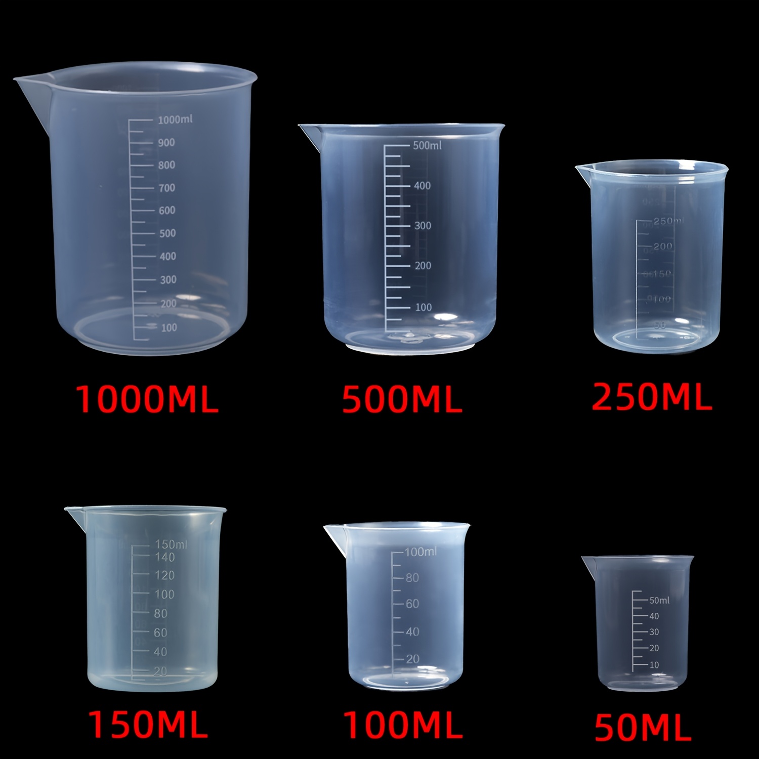 Image of 6pcs Laboratory Graduated Beakers - Transparent Plastic Measuring Cups, Heat-resistant Liquid Measuring Tools Use, Lab Supplies 50/100/150/250/500/1000ml