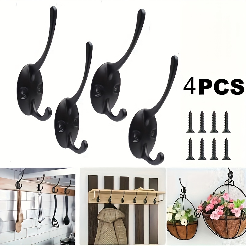TEMU 4 Pack Coat Hooks Wall Mounted With 8 Screws, Heavy Duty Black Towel Hooks Metal Double Hooks, Retro Rustic Wall Hooks For Hanging Towel, Coat,