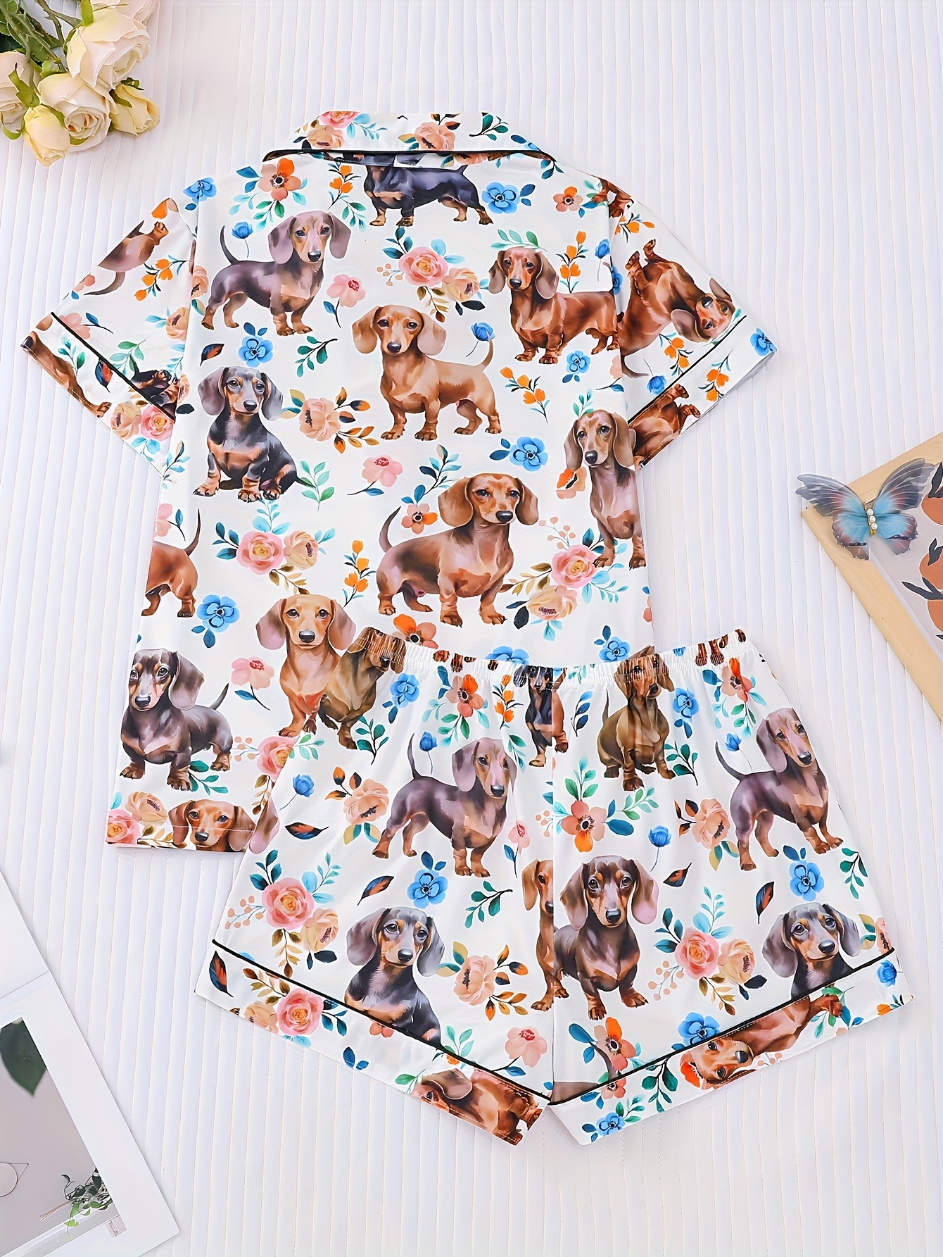   dachshund print womens pajama set short sleeve button up shirt with collar loose elastic shorts comfortable lounge wear for home outdoor   wear   design short sleeve top cute pajamas Product details 0