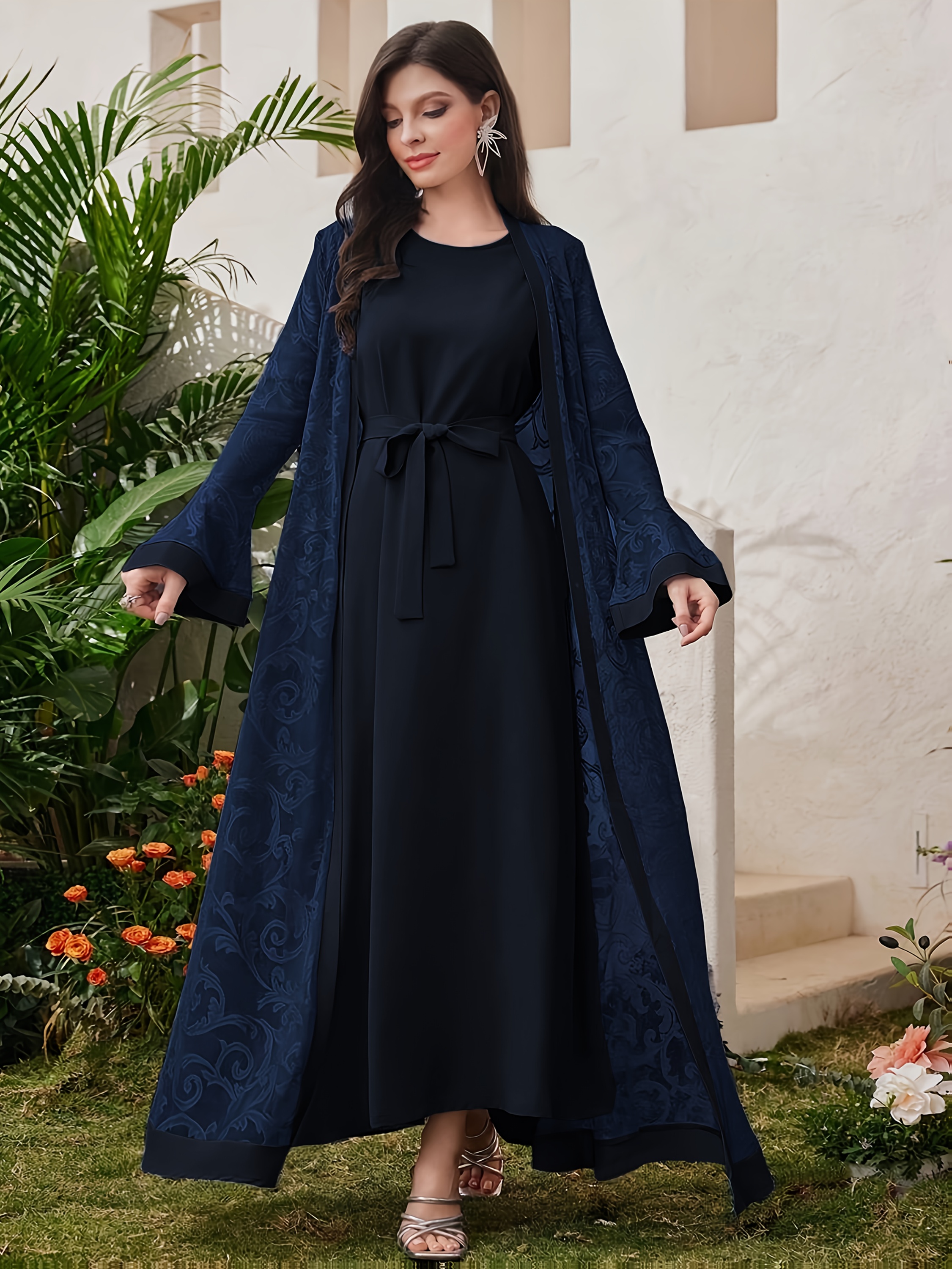 fashion show with dresses upside down Blue Maryam Floral Abaya Dress & Pants Set In Premium Silk Cotton