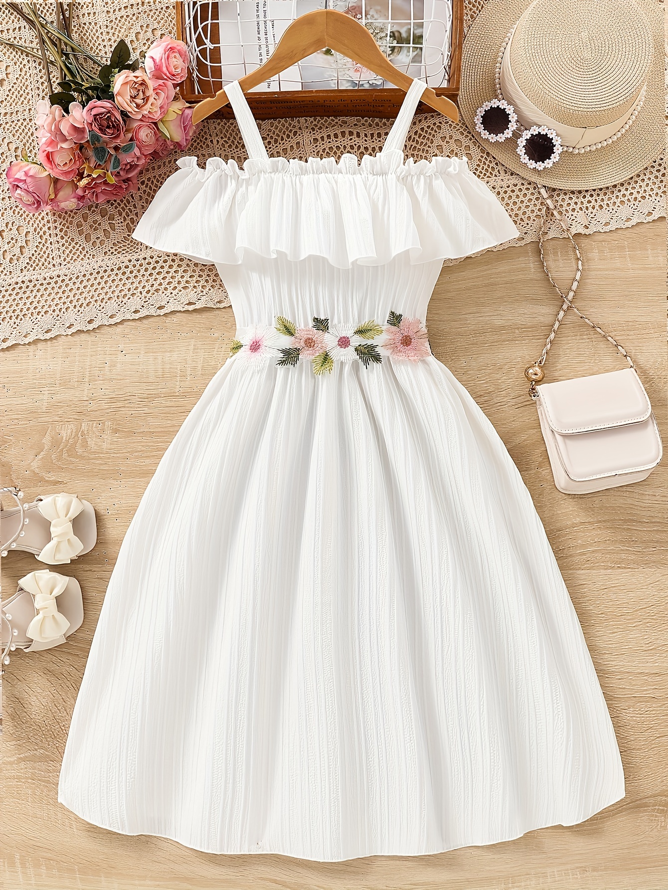 elegante off shoulder ruffle dress voor meisjes riem Temu