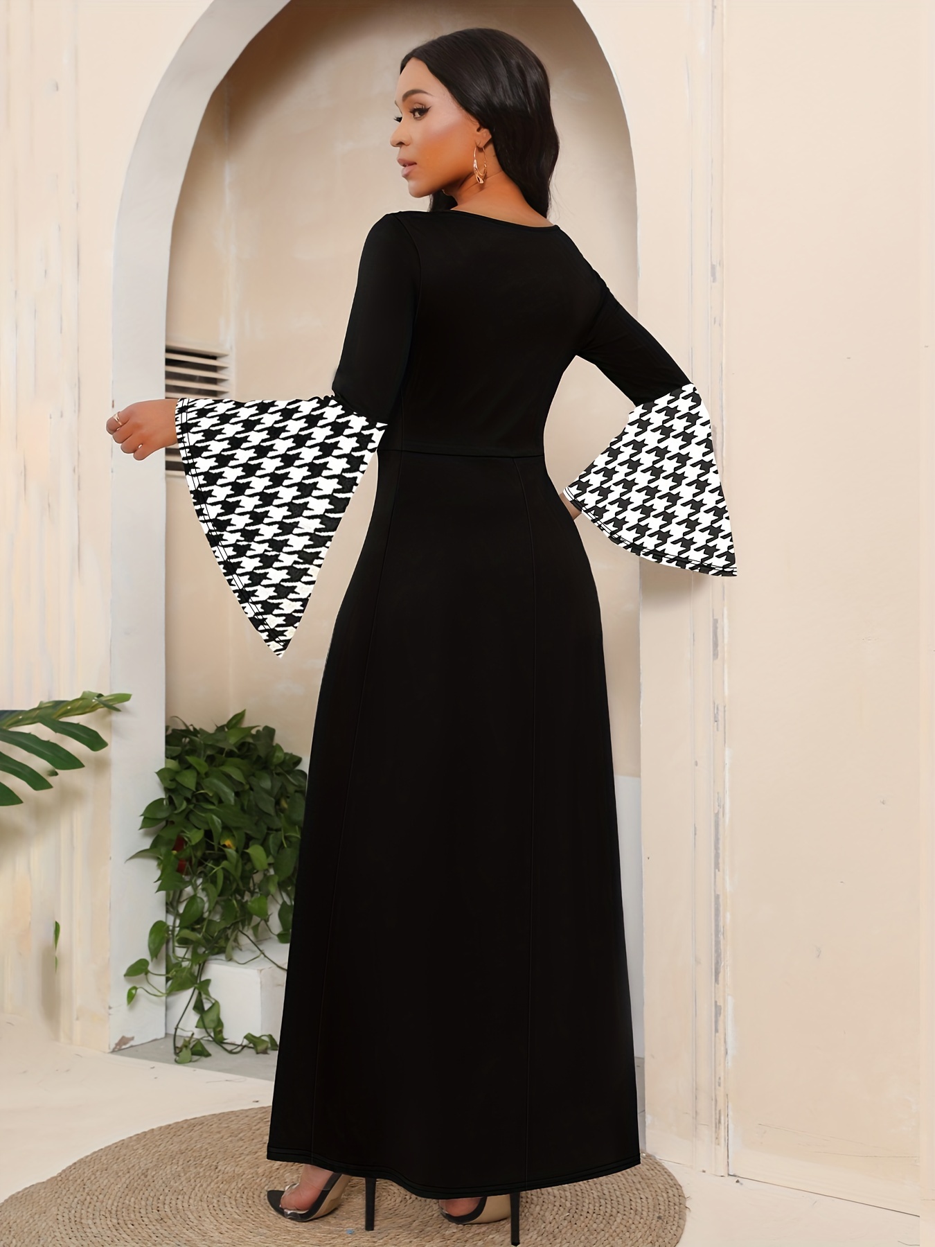 Ethnic Print Splicing Dress, Elegant Flared Sleeve V-Neck Maxi Dress