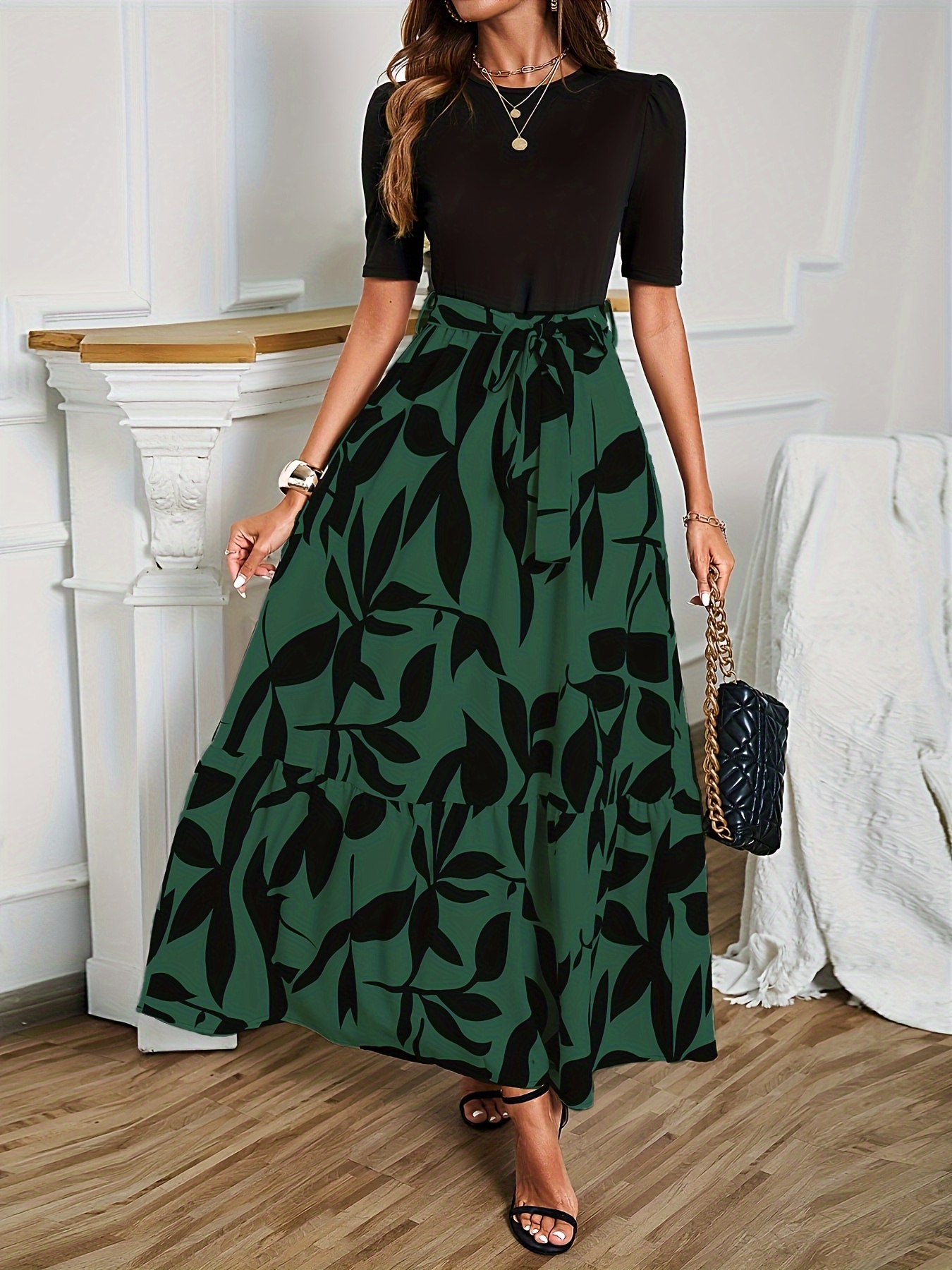elegant color block maxi dress women round neck short sleeve - Temu South  Africa