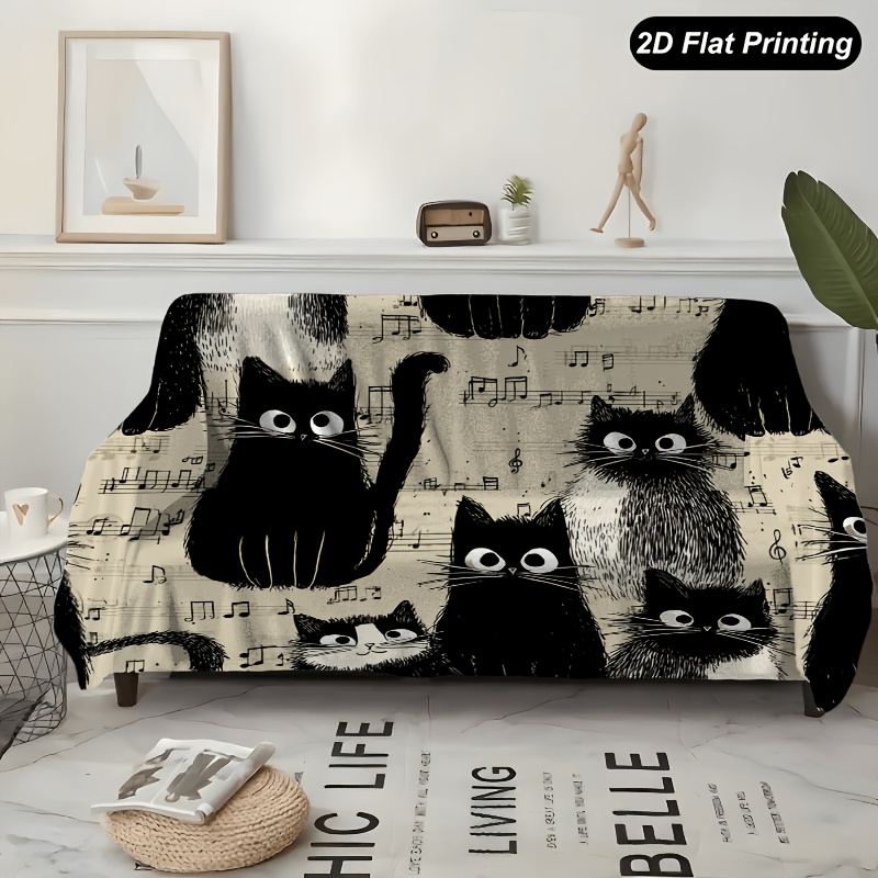 TEMU 1pc Black Cats Music Notes Sofa Polyester Slipcover For 1-4 Seater Sofas, Perfect For Living Room, Bedroom, Or Office Decor, Festive Accent,