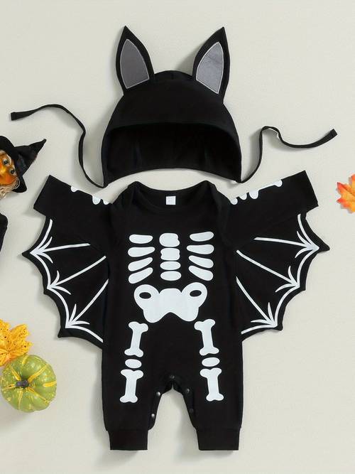 baby halloween romper fall fashion long sleeve crew neck skeleton print bat jumpsuit with hat for girls boys 0 24 months
