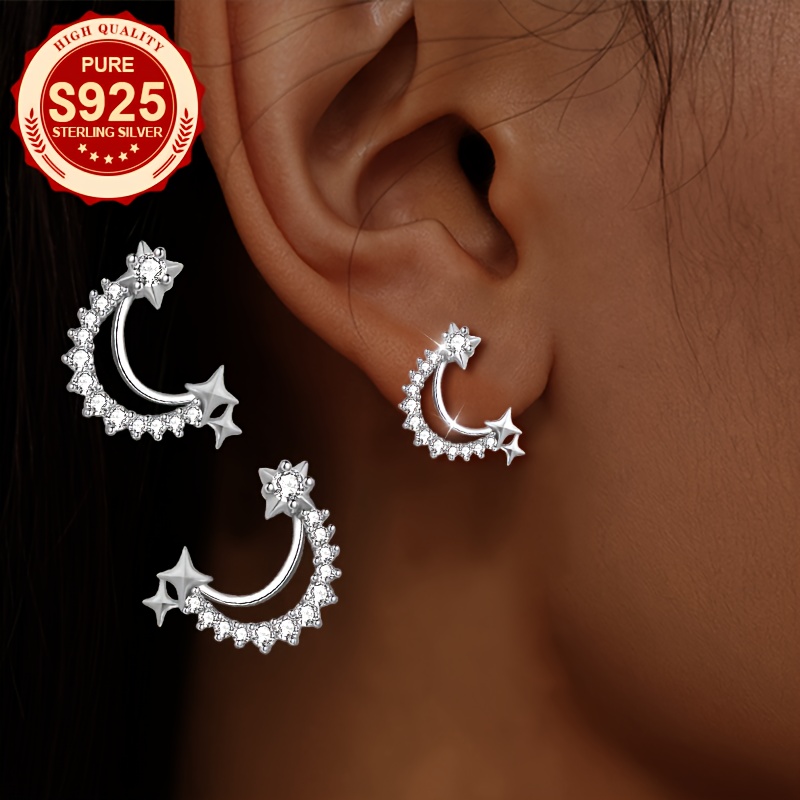 Women's S925 Silver Half-Circle Stud Earrings with Zirconia