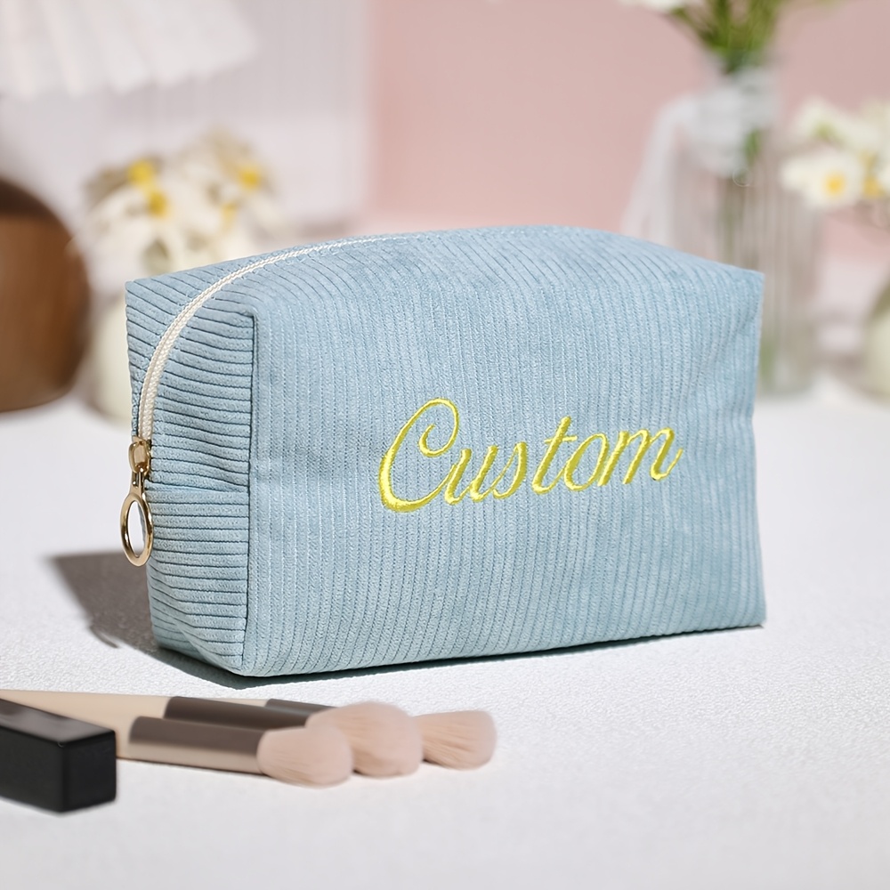 TEMU [custom Embroidery] Personalized Customizable Name Toiletry Bag, Durable Zipper Closure Corduroy Makeup Bag, Large Capacity Fashionable Portable