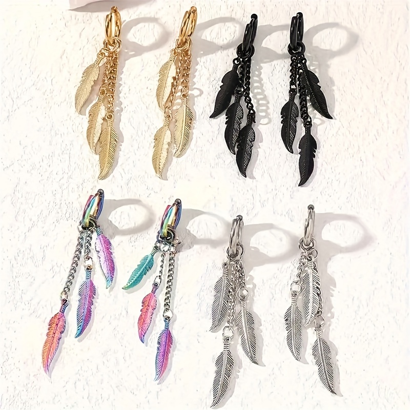 

1pair Stylish Stainless Steel Chain Long Tassel Feather Earrings - Suitable For Men And Women - Many - A Perfect Gift For