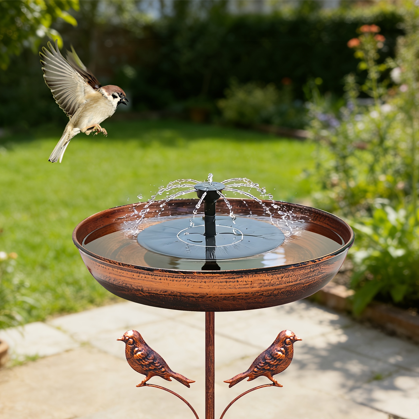 TEMU 1 Set Solar-powered Copper-finish Iron Basin Fountain Outdoor Wrought Feeder & Bird Bath Ground-mounted Bird Bath Solar-powered Fountain Garden