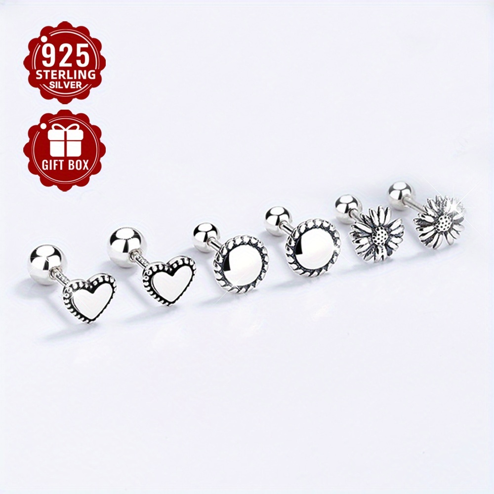 925 Silver Heart & Round Thread Ear Studs - Vintage Small Daisy Ear Bone Studs