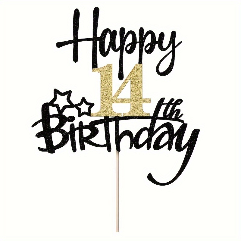 Image of 1pc Golden Glitter 14th Birthday Topper - Hello 14/cheers Happy 14th Birthday, 14th Wedding Anniversary, 14 Years And Promise Renewal Party (14 Years Old), Halloween, Christmas