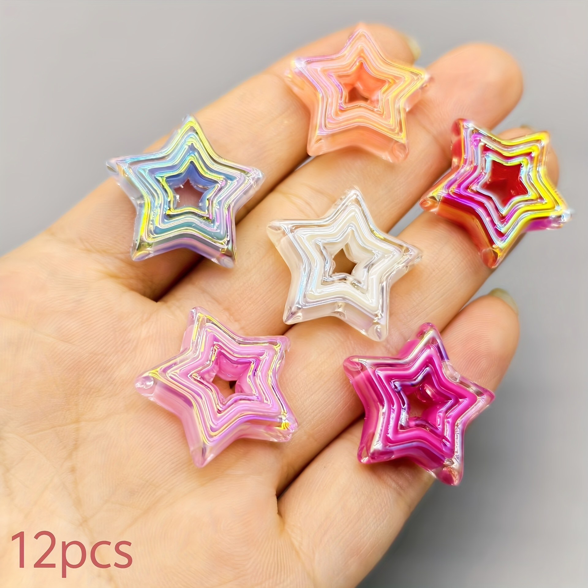 TEMU Bead Assortments/12pcs Colorful Star Heart Creative Through Hole Beads Handmade 21mm Mobile Phone Chain Car Pendant Cream Glue Additions Resin