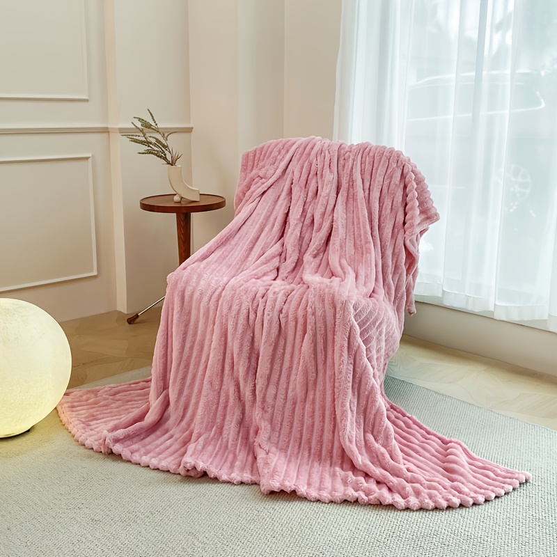 Luxurious Double-sided Faux Rabbit Fur Throw Blanket - Cozy Striped Flannel, Soft And Warm For , Office, Camping, Sofa - Versatile Polyester Bed Cover, Perfect Christmas Gift