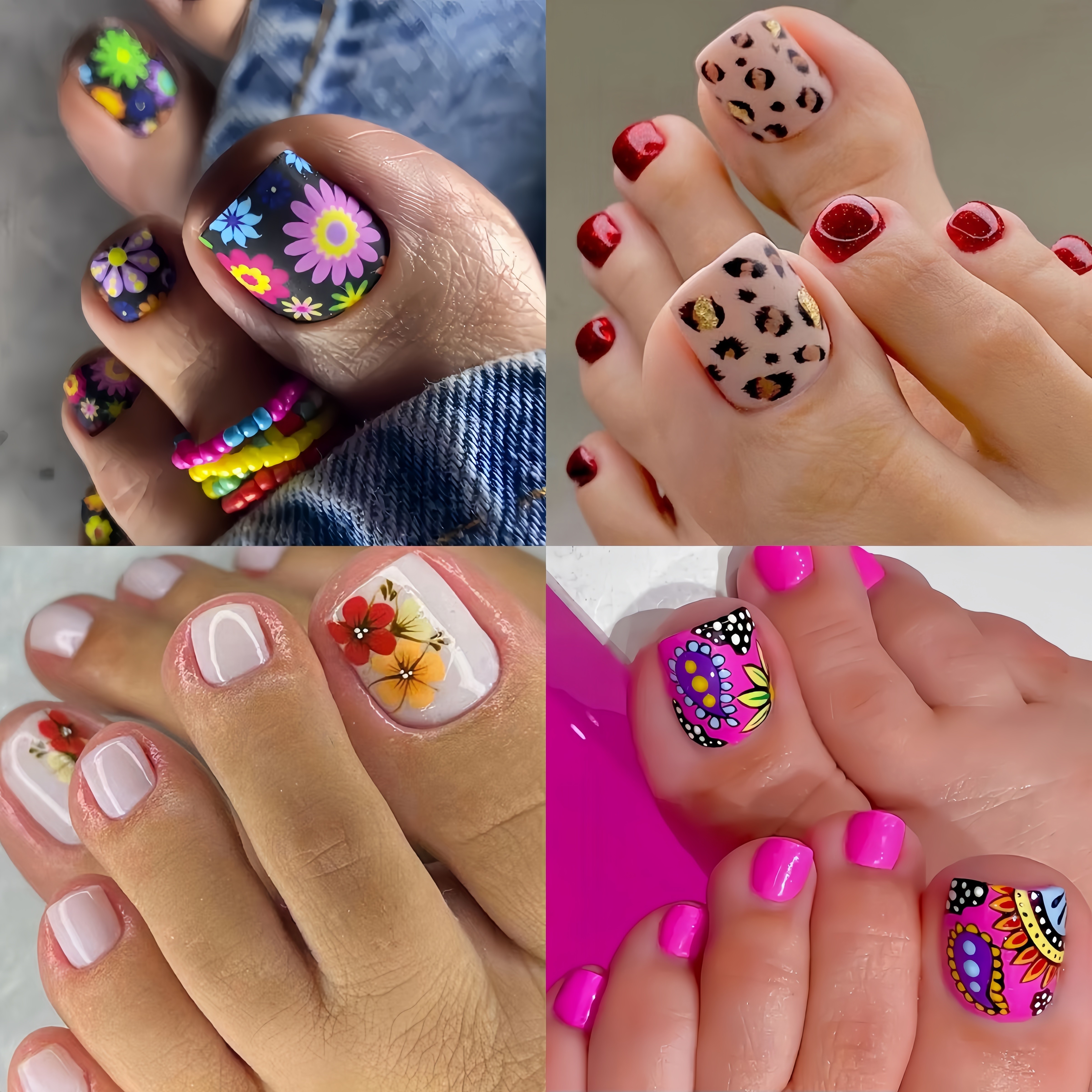 

96-piece Press-on Toe Nail Wraps - Summer Fashion Floral Pedicure Nail Stickers With Glossy Finish - Black & Mixed Colors With Flower & - Square Short Toe Nails - Removable Nail Patch Set