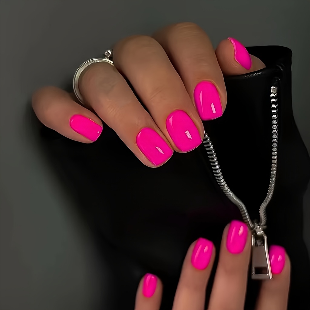 24pcs Neon Hot -on Nails - Glossy Short Square Fake Nails, Vibrant False Nails, Trendy Fluorescent Manicure For Women And