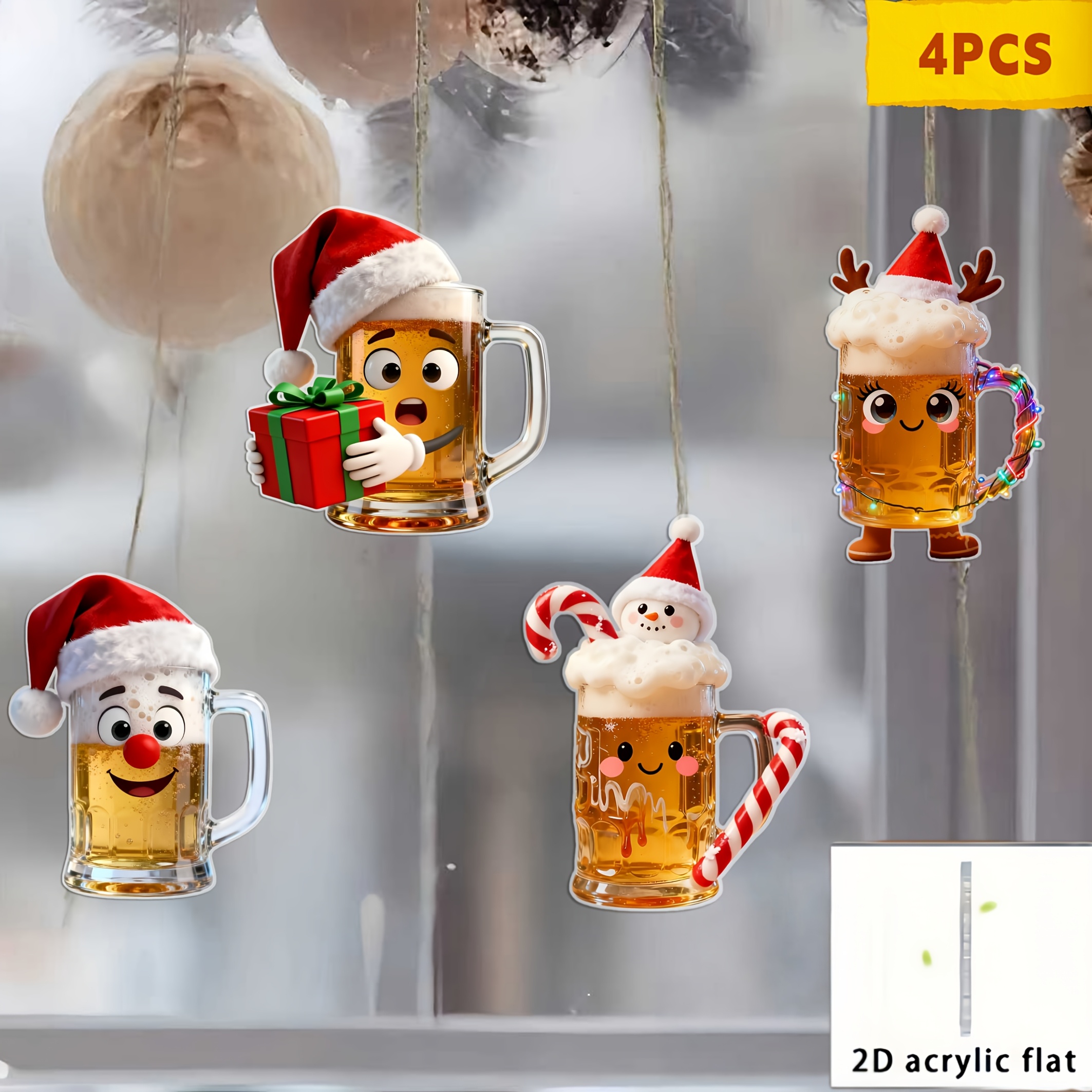 TEMU 2d Flat, 4pcs Christmas 2d Christmas Decor Set With Cartoon Beer Mug Patterns Featuring Christmas Elements, Christmas Tree Ornaments, Holiday