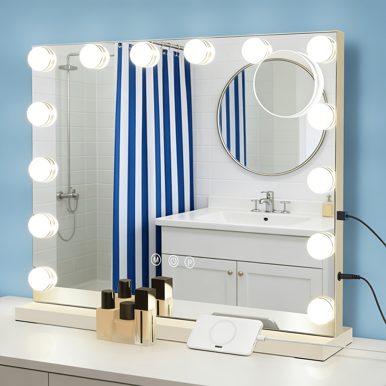 TEMU Specchio Hollywood da trucco con illuminazione - Specchio da con 14 luci LED, porta USB, specchio cosmetico grande 50x40cm Hollywood - Specchio