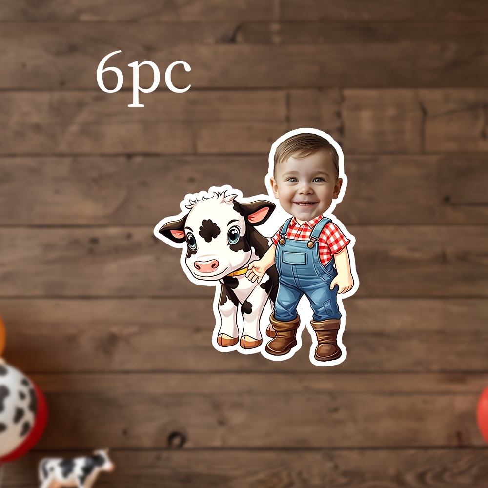 TEMU 6pcs Custom Farm Cow & Tractor Photo Banners, Personalized Face Banners, Farm Animal Barnyard Themed Birthday Party Decorations, Customized
