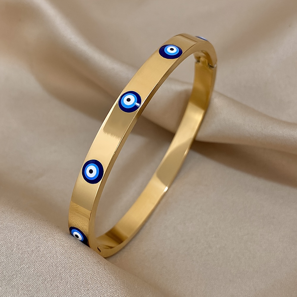 

Gold-plated Stainless Steel Evil Eye Cuff Bracelet - Unisex, Perfect For Daily Wear & Special Occasions Like Valentine's & Mother's Day, Ideal Summer Beach Accessory