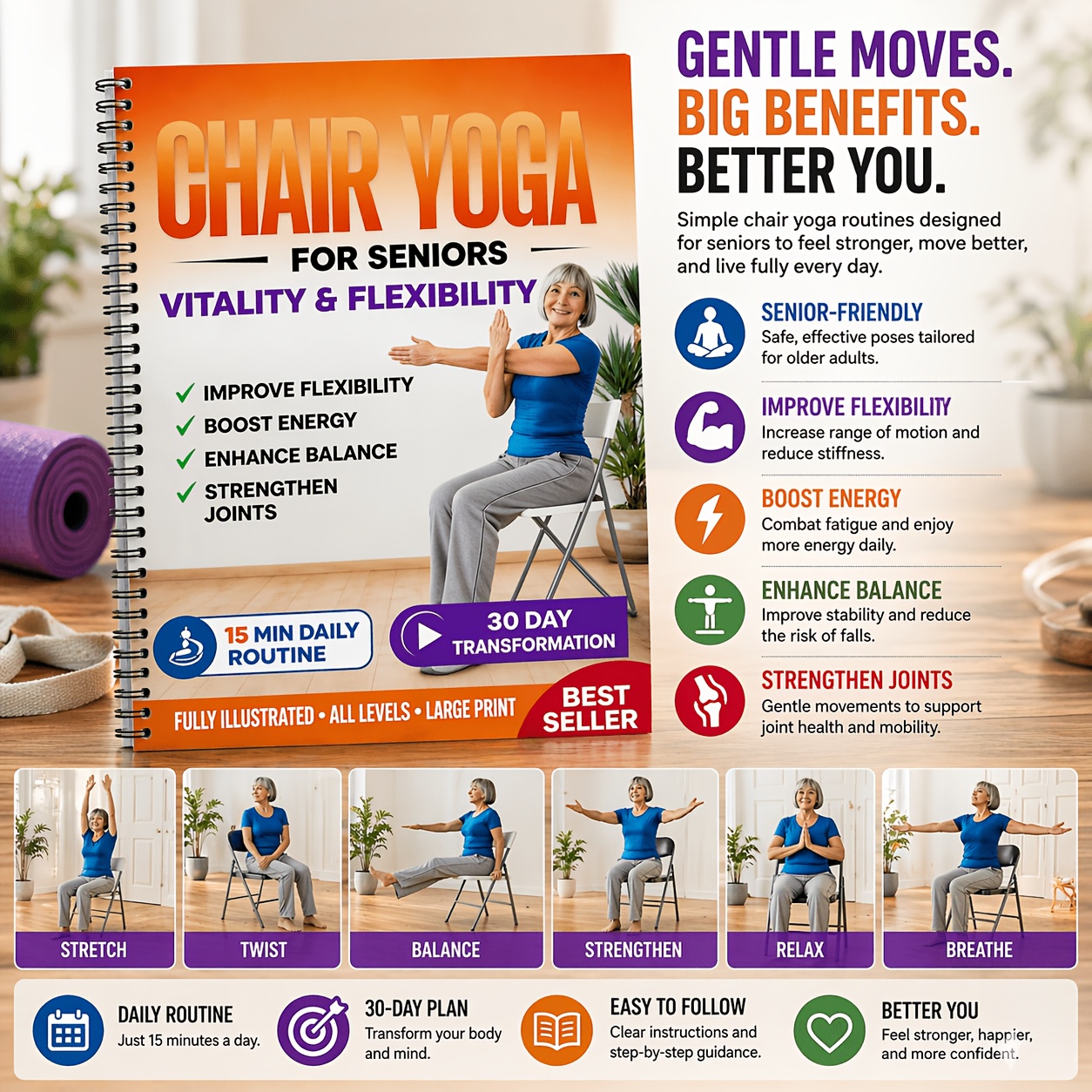 Chair Yoga For Seniors: 15-Minute Daily Routine For Vitality, Flexibility And Balance | Improve Mobility, Boost Energy And Strengthen Joints | 30-Day Transformation (Large Print, Spiral Bound)