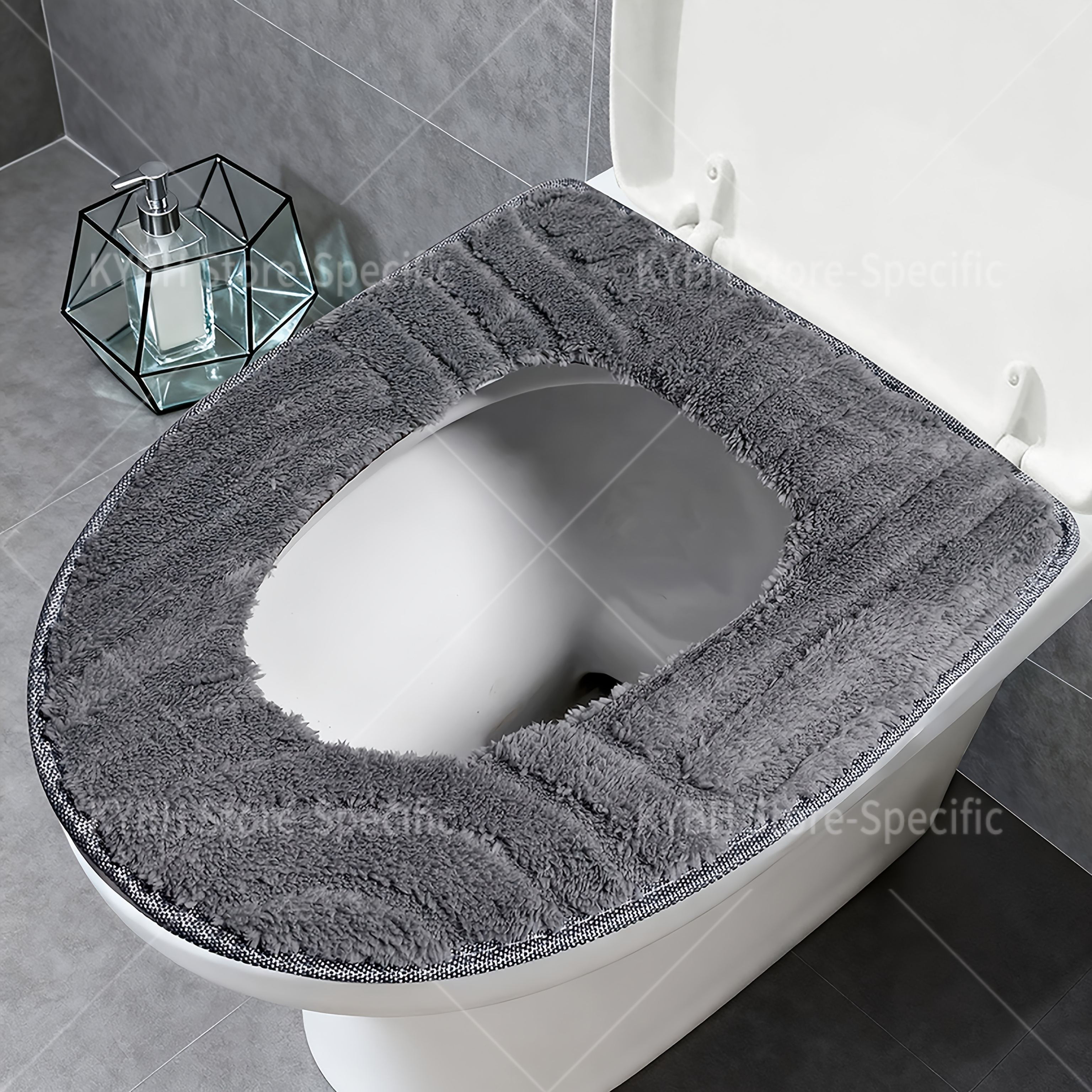 TEMU 1pc Toilet Seat Cover Set, Minimalist Embossed Texture For Cozy , Use, Machine Washable, Full-edge Binding For Durability, Adhesive Fastening,