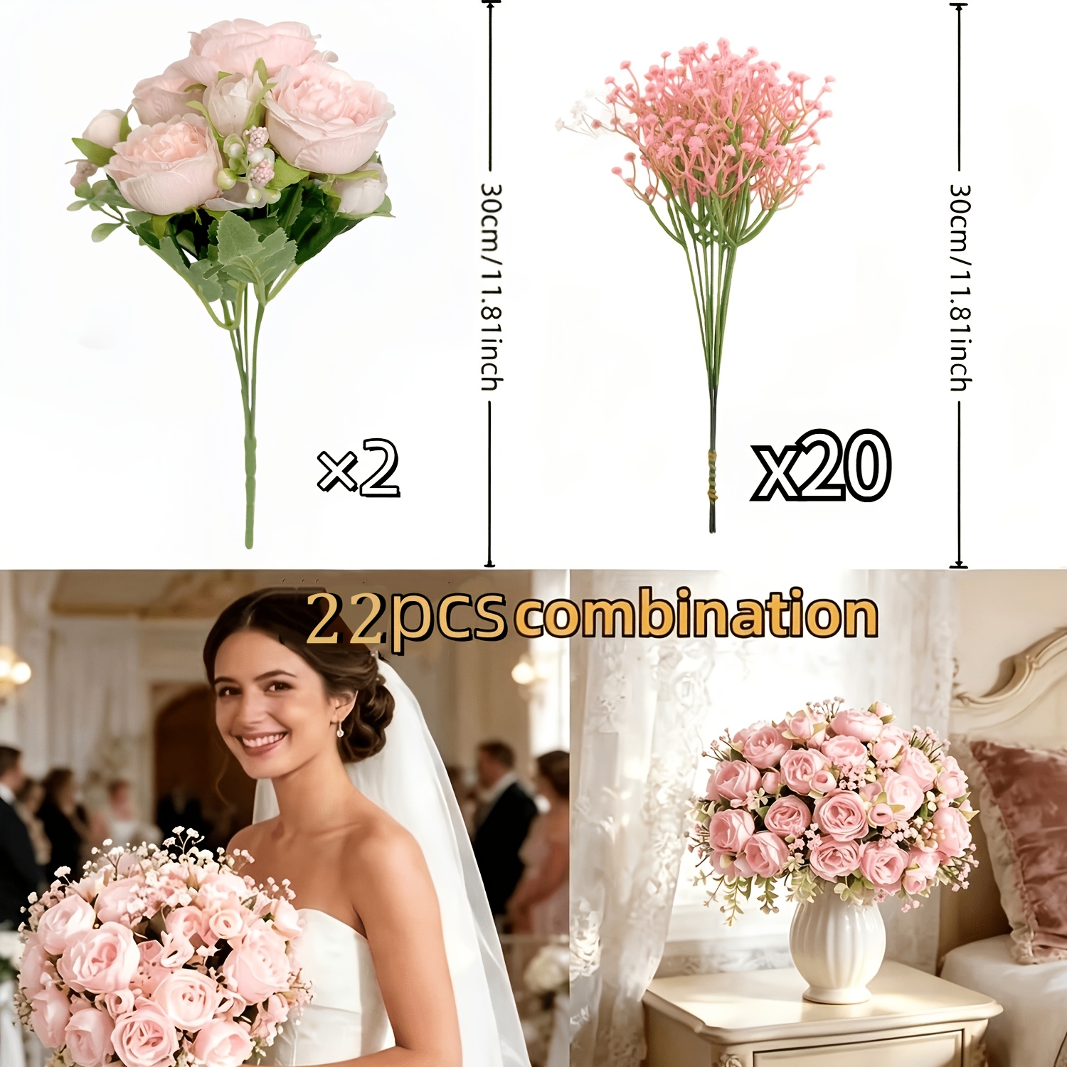 TEMU Bouquet de 22 artificielles | Convient pour la décoration intérieure et extérieure, les arrangements de mariage, les bouquets de mariée, les
