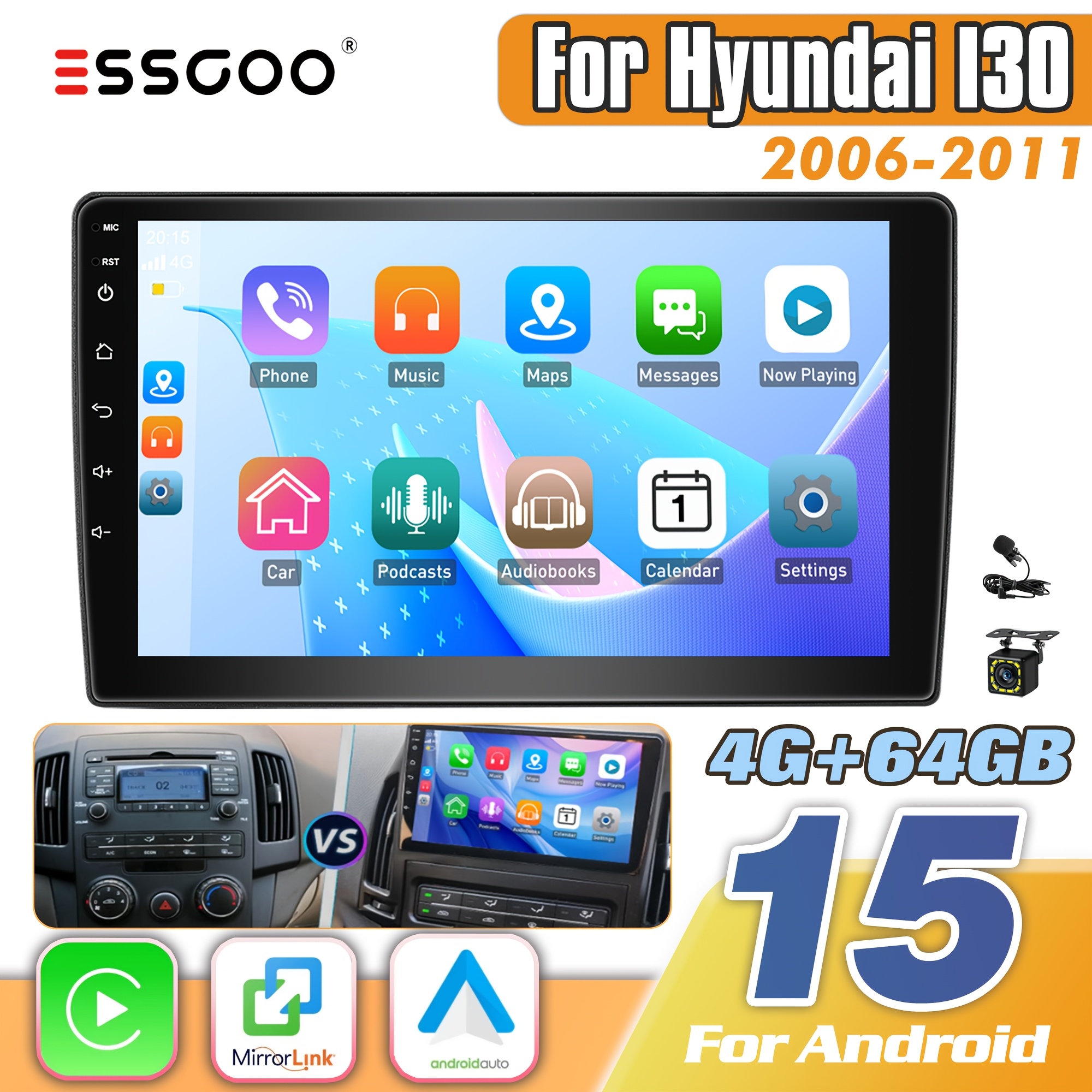 Essgoo 15 2 Din Radio For I30 2006-2011 | 9 Inch Ips Display 4+64gb | & Auto | Rear Camera Input + Ahd Support | Gps Navigation | Fm Rds | Swc | Backup Camera | Microphone