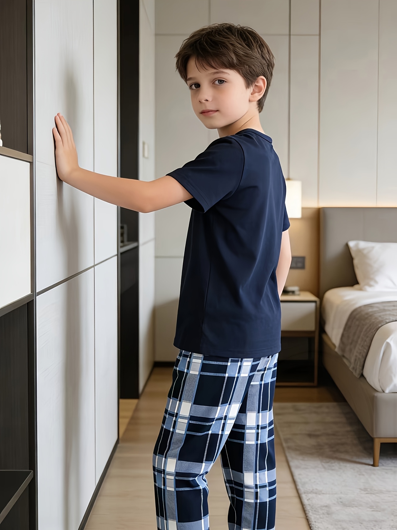item picture 3pcs set of navy blue childrens pajamas shorts top pants navy blue   print simple and elegant design flame retardant fabric boys pajamas and loungewear soft and comfortable polyester boys sleepwear suitable for outdoor