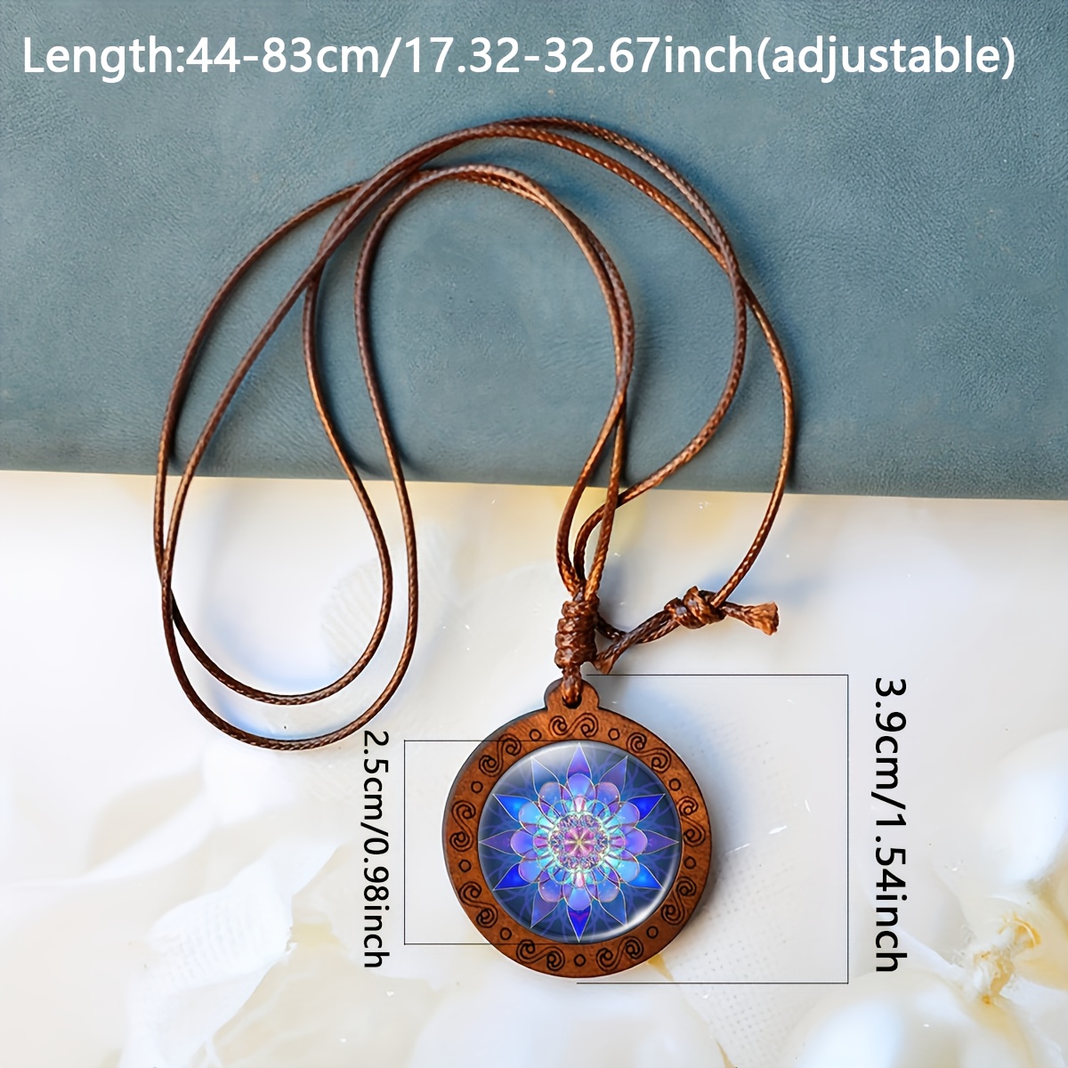 Wooden Pendant Necklace with Blue Lotus Pattern