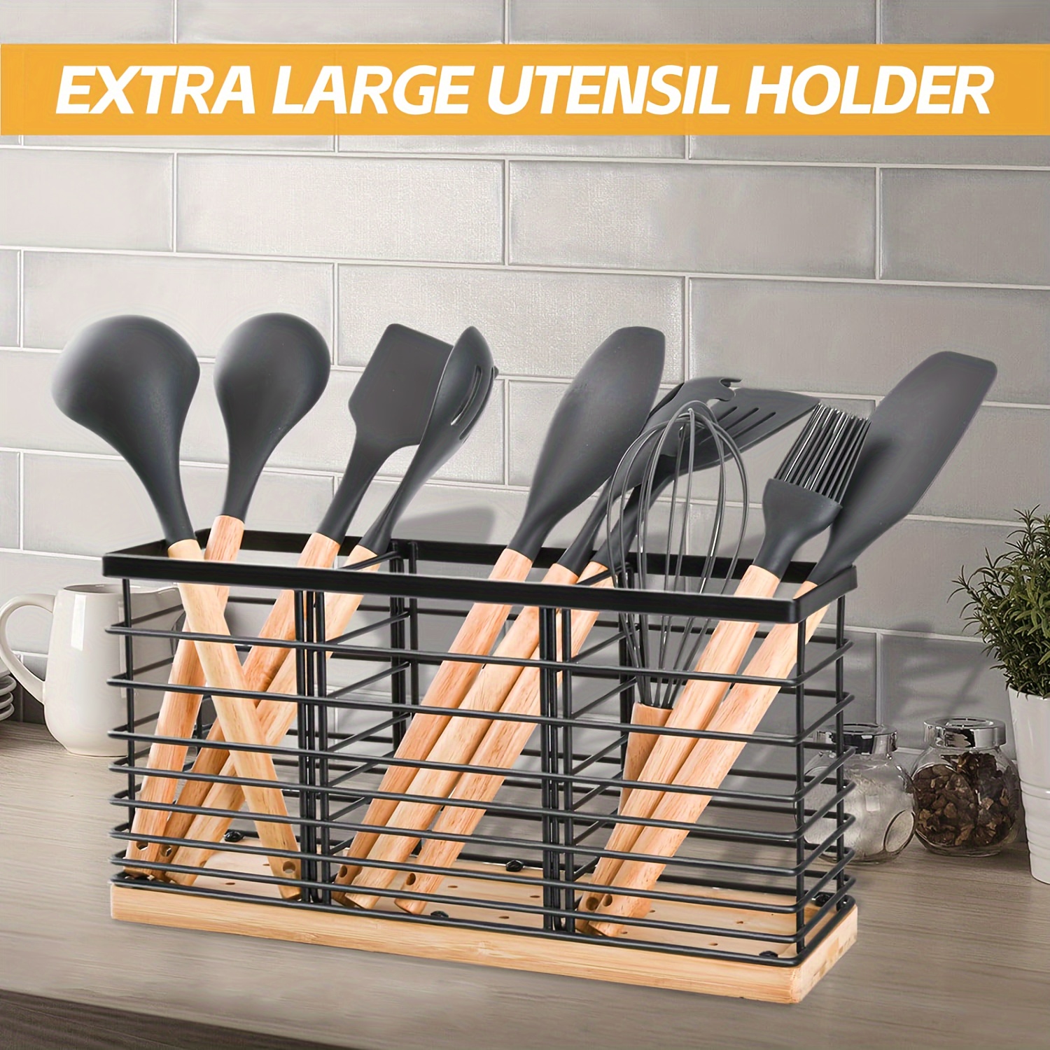 

1 Piece Kitchen Countertop Oversized Utensils Rack, Kitchen Utensils Rack With 3 Compartments, Adjustable Width, Kitchen Utensils Rack, Farmhouse Cookware Storage With Wooden Base