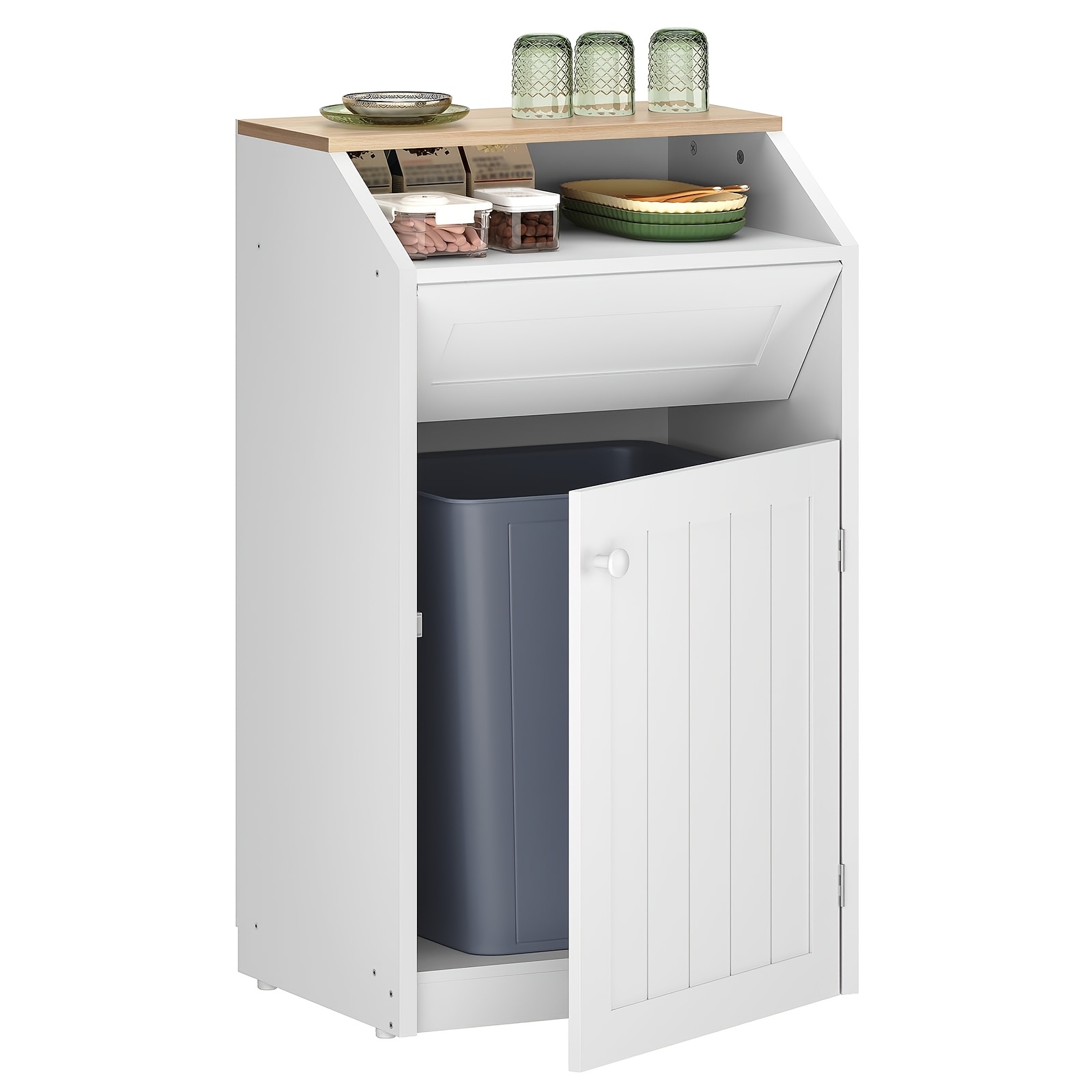 10-gallon Concealed Kitchen Trash Bin Box, Kitchen Garbage Cabinet, Wooden Trash Cabinet, With Storage Space, Suitable For Multiple Rooms, White, Black, The Trash Bin Box Does Not The Inner Trash Can