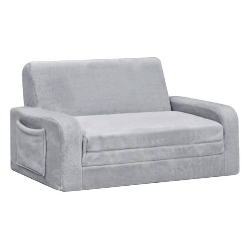 3 in 1 kids sofa 2 seat toddler armchair couch with side storage pockets and non slip base children fold out convertible lounge sofa bed grey beige