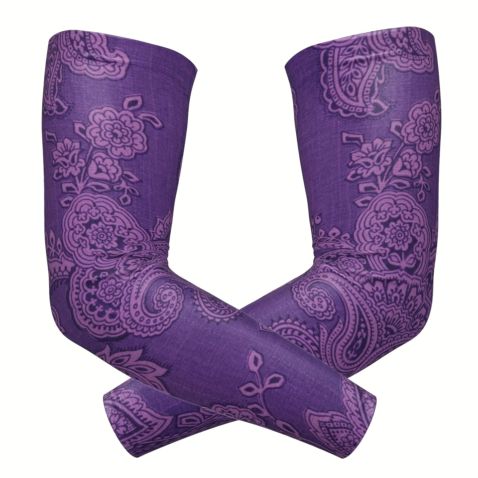TEMU 1 Paar Elegante Paarse Paisley Bedrukte Arm Warmers - Stijlvolle Gebreide Stof, Perfect voor Dagelijks Gebruik & Buitenactiviteiten, Outdoor