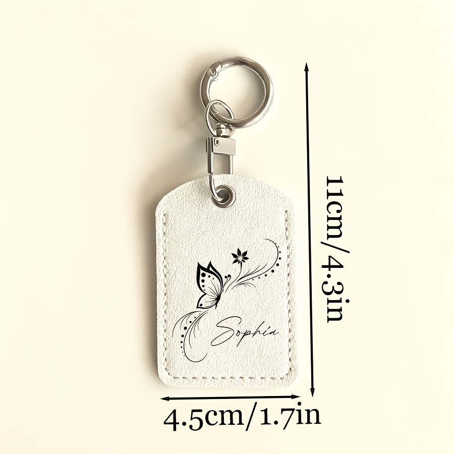 Custom Name Text Butterfly Keychain, Personalized Faux Leather Key Card Holder