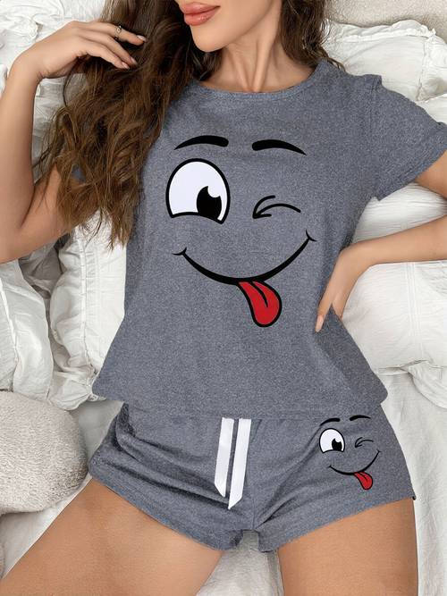 womens short sleeve and shorts loungewear set cute cartoon print short sleeve top shorts breathable and comfortable dark gray black light gray bow detail suitable for casual wear cartoon design