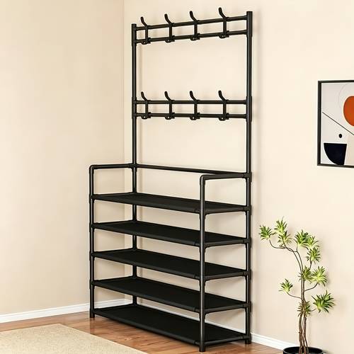 item picture 2026 western small apartment entryway storage ultra narrow composite hat rack top double rods and 4 tier fabric shelves with side storage pockets perfect vertical space utilization