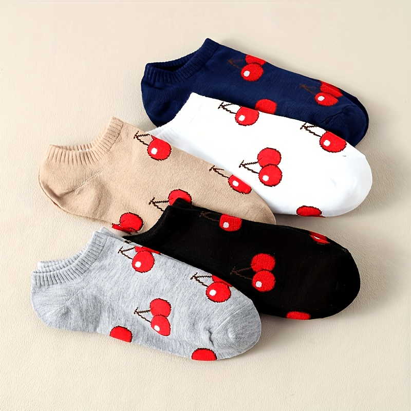 E-shop 5 Paar Damen Niedrig geschnittene Socken mit Kirsch-Aufdruck, weiche, atmungsaktive farbechte -Socken
